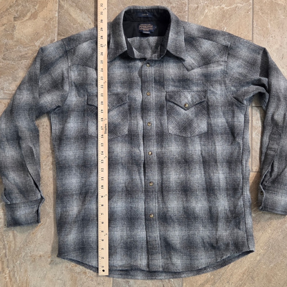 Pendleton Canyon Western Shirt Mens Large Grey Black Plaid Wool Pearl Snap 1969 - Picture 3 of 11